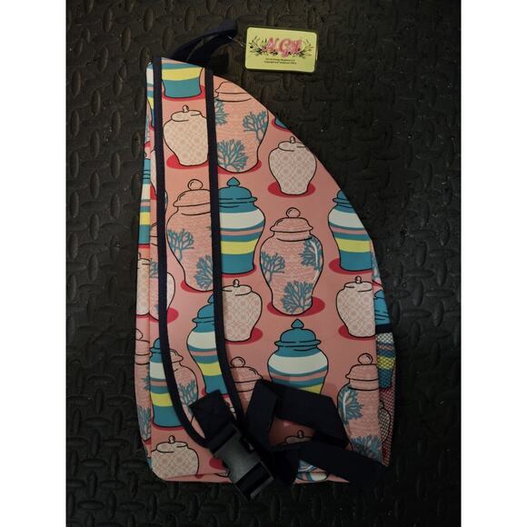 N. Gil Sling Backpack Pink Pots Multiple Pockets W/ Navy Strap NWT - Picture 2 of 5